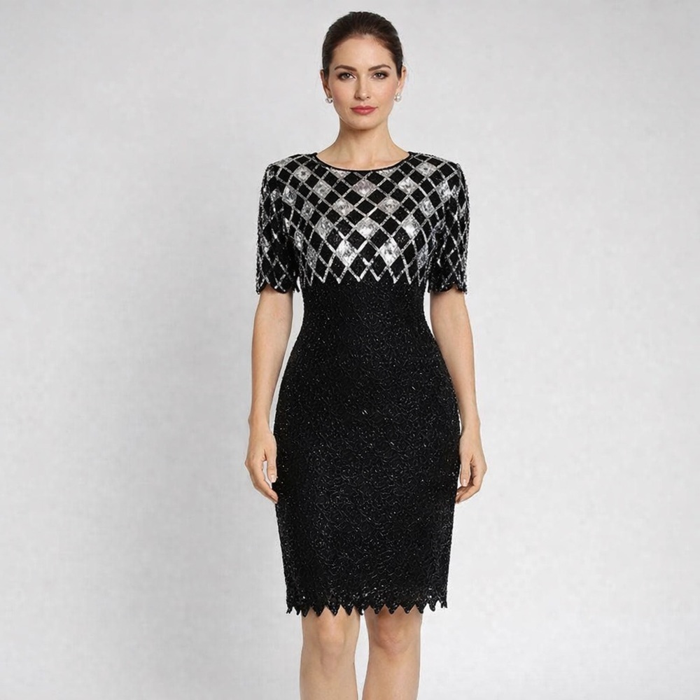 Vintage Lawrence Kazar | New York Black Beaded Sequin Silk Cocktail Dress | Sz M